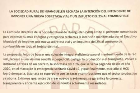 LA SOCIEDAD RURAL DE HUANGUELÉN RECHAZA LA INTENCIÓN DEL INTENDENTE DE IMPONER UNA NUEVA SOBRETASA VIAL Y UN IMPUESTO DEL 2% AL COMBUSTIBLE
