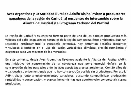 Aves Argentinas y La Sociedad Rural de Adolfo Alsina invitan a productores ganaderos de la región de Carhué, al encuentro de intercambio sobre la Alianza del Pastizal y el Programa Carbono del Pastizal