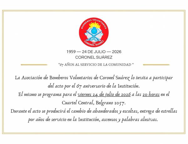 Bomberos Voluntarios de Coronel Suárez celebran su 67° aniversario