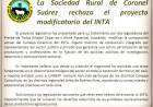 La Sociedad Rural de Coronel Suárez rechaza el proyecto modificatorio del INTA