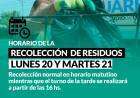 Horario de recolección de residuos del lunes 20 y martes 21 de noviembre